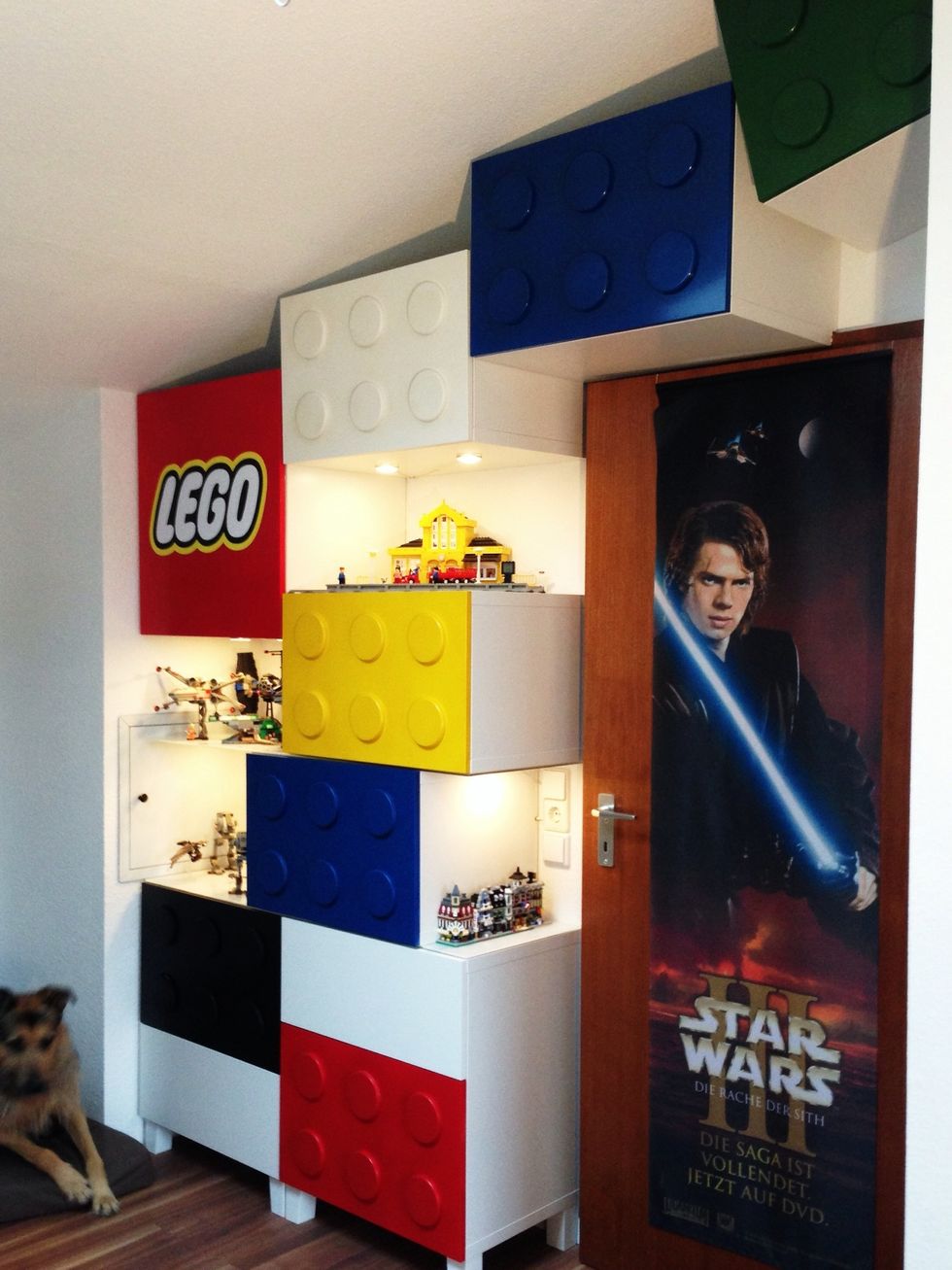 A LEGO-themed storage with display areas.