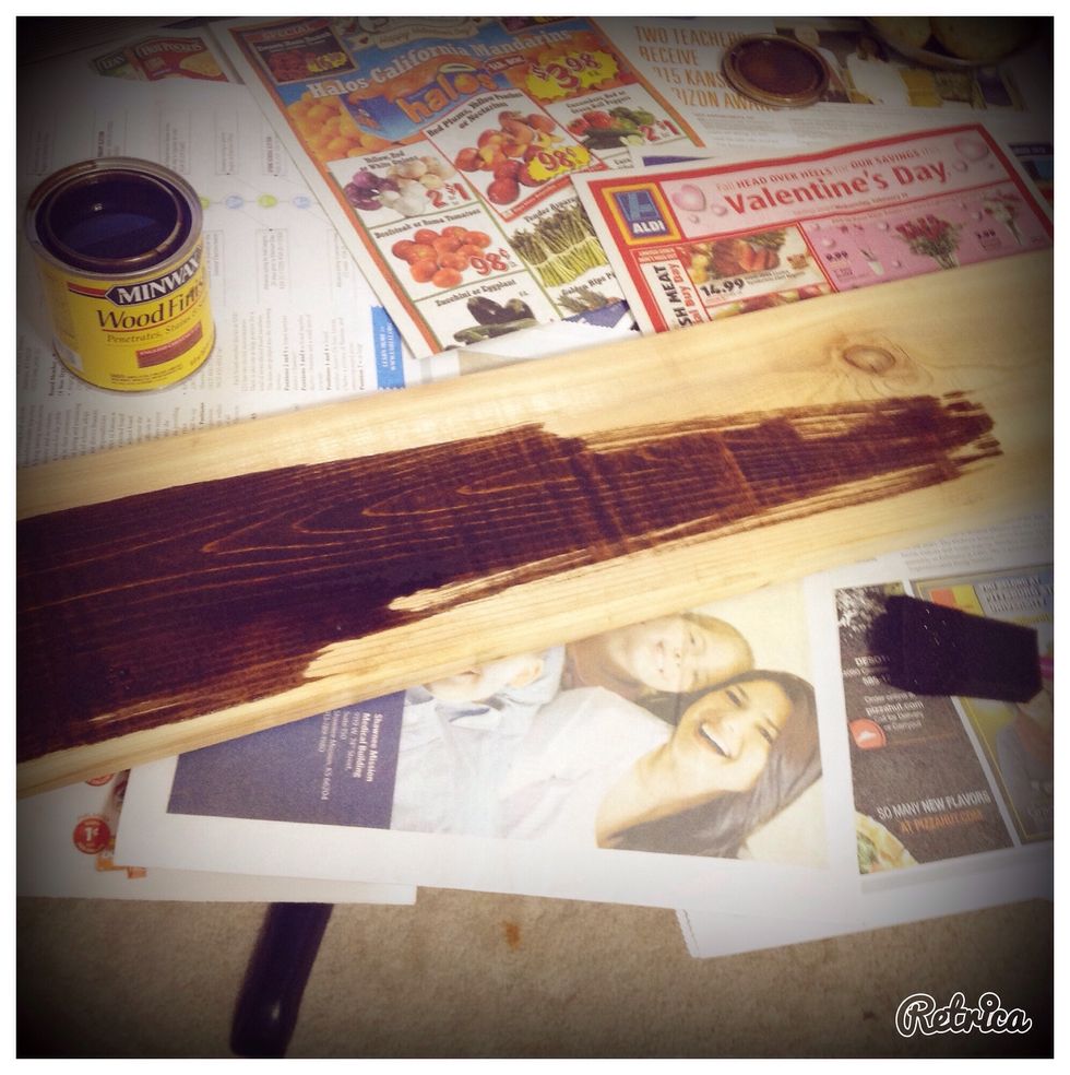 A little goes a long way with stain so just apply a thin coat to the face of the wood and all four sides.