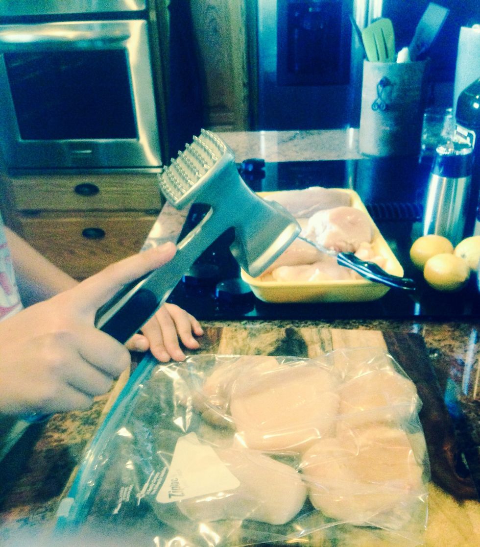 A little trick too not getting chicken juice everywhere is too put them I to a ziplock bag and pound them with the flat side of the mallet.