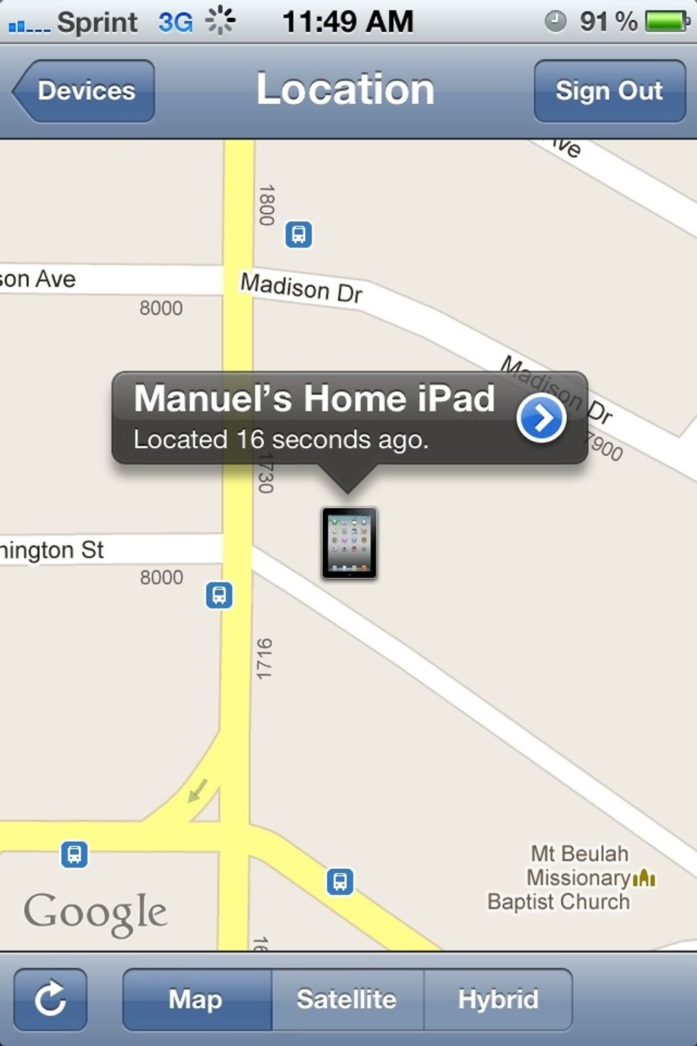 A map will display showing the location of your lost iDevice. Tap the blue arrow to view options for your lost iDevice.