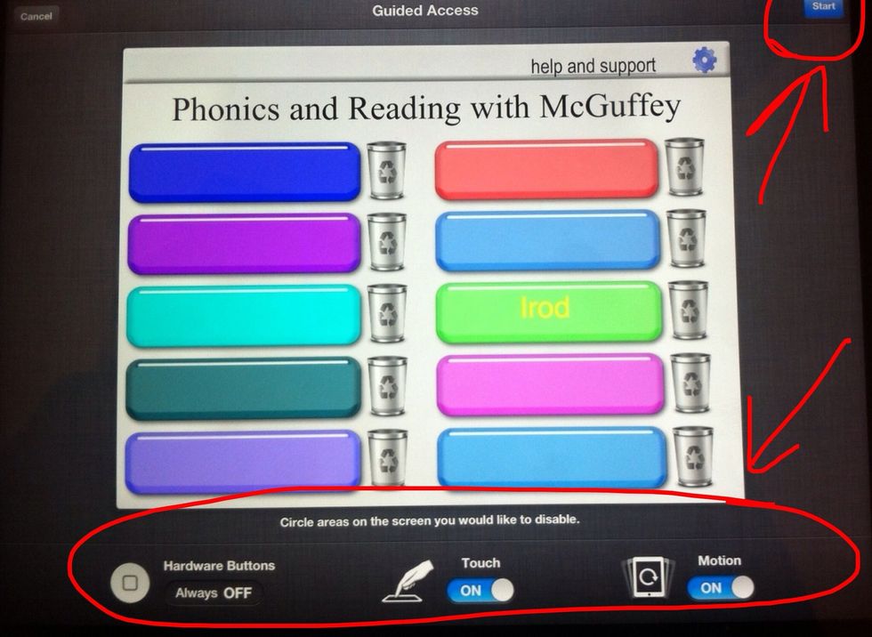 A menu with options will appear at the bottom. The start button is at the top right corner of the screen. Select it to start the Guided Access feature.