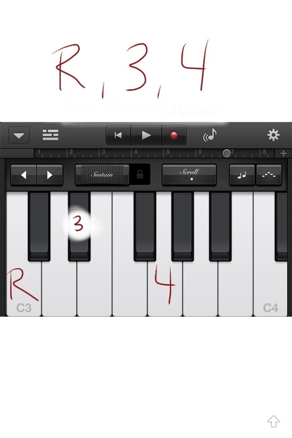 A minor chord is just like a major chord, but the middle note moves down one step. The pattern is: Root note, up 3 notes, then up 4 notes. This is a C minor chord.