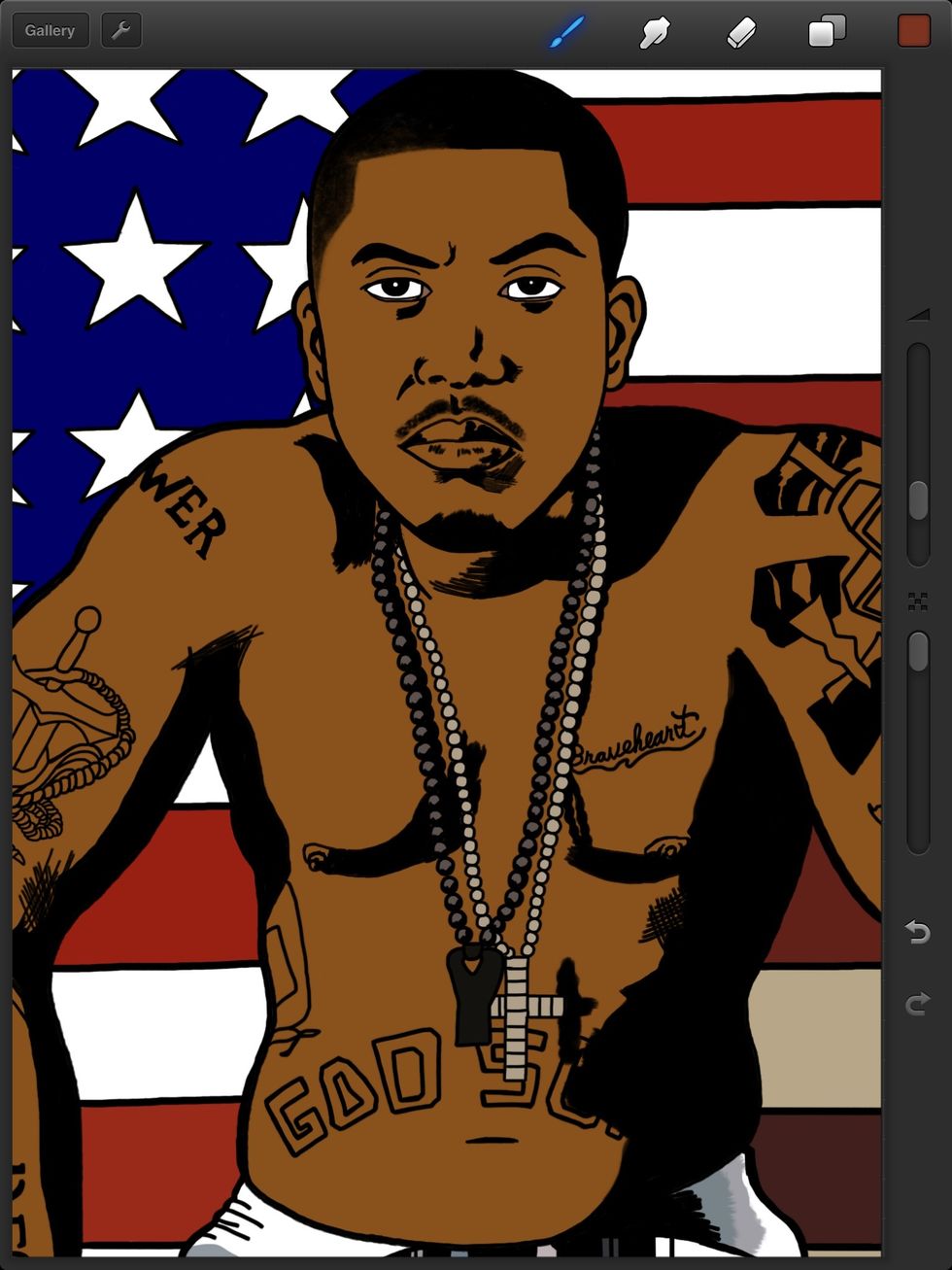 A new layer is made and tucked under the ink. The flat colors go here. My photo is used for colors. I keep it on top but turned off and out of the way.