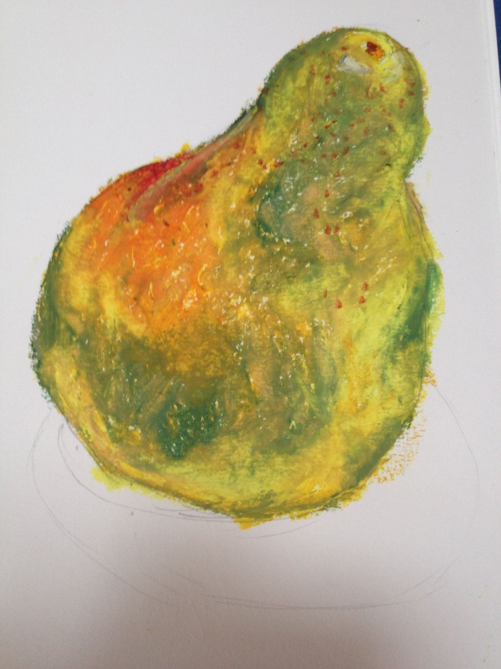 A pop of red on the back corner for drama and a sepia brown for the speckles. The peach blended while still kept the colors. Now the table and shadow.