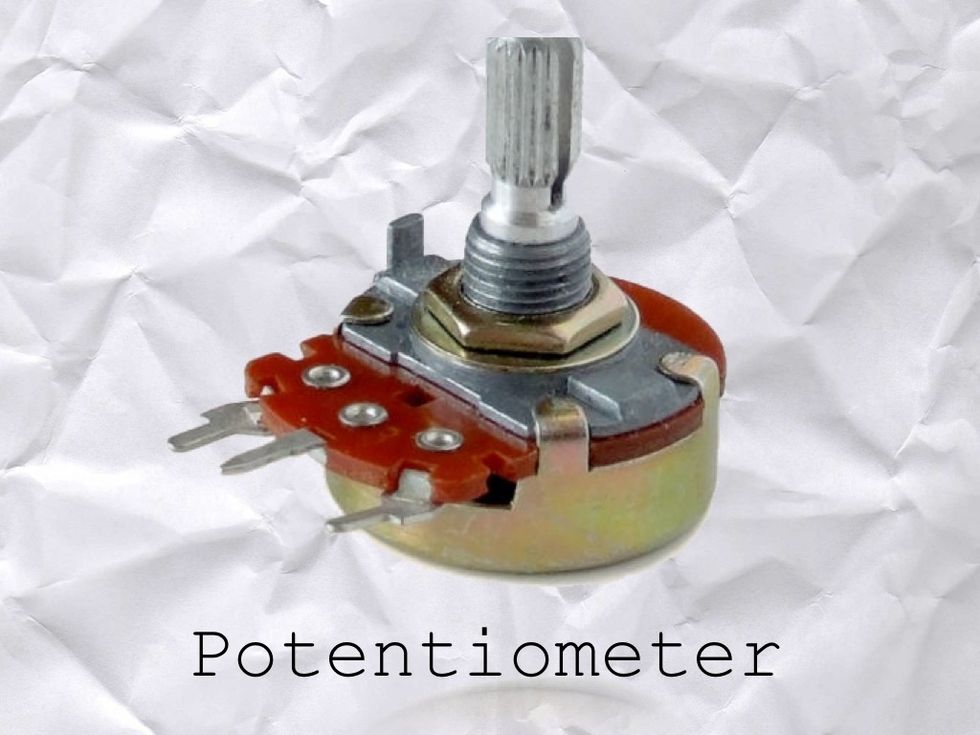 A potentiometer is a metal rod that has a WIPER attached to it. The current flows through the rod up to the WIPER. As you turn the wiper the current either flows more or less.