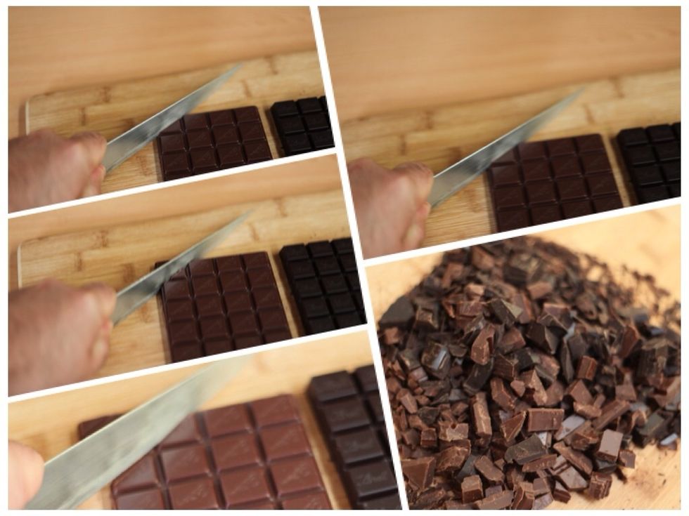 A quick rough chop chop chop of both chocolate blocks using a large sharp knife. Assuming your chocolate is at room temperature and has not been in the fridge, this will be super easy.