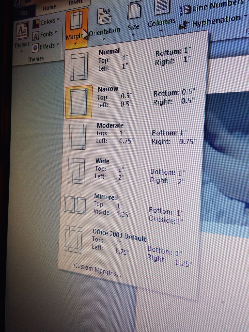 A quick tip: I recommend setting your page margin to narrow to ensure you get the maximum space for photos. This can be found under the Page Layout section of Word.