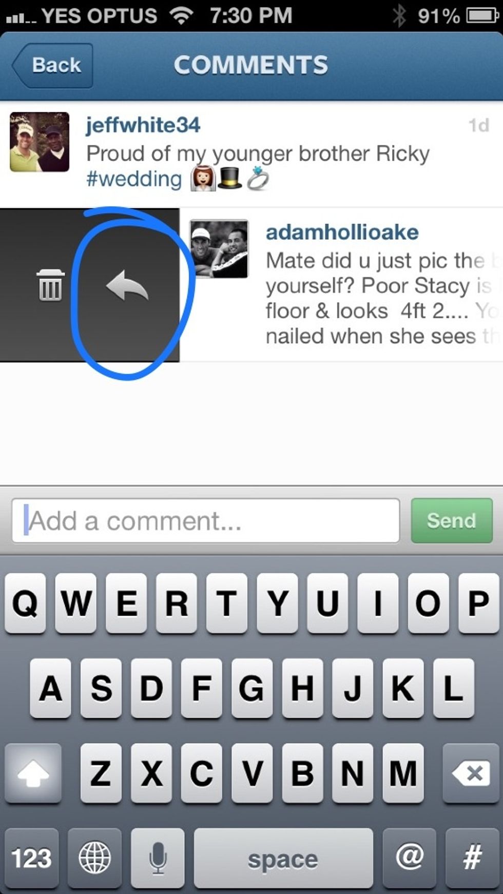 A reply and trash can symbol appear, click on reply arrow as shown above