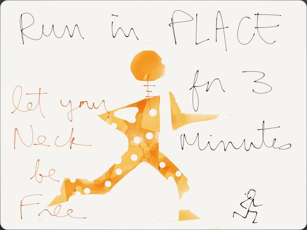 A) Run on your tiptoes. 3 mins. Go slow, go fast, mix it up, get oxygen into your system. Keep head and neck loose. No bouncing whatsoever.