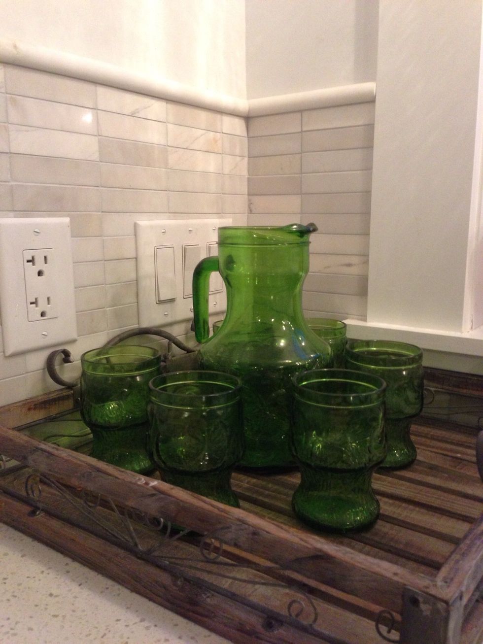 A set of vintage glassware and pitcher from your local thrift shop, and you're almost ready to serve those summer cocktails! All that is missing is the sun and your family and friends, enjoy!