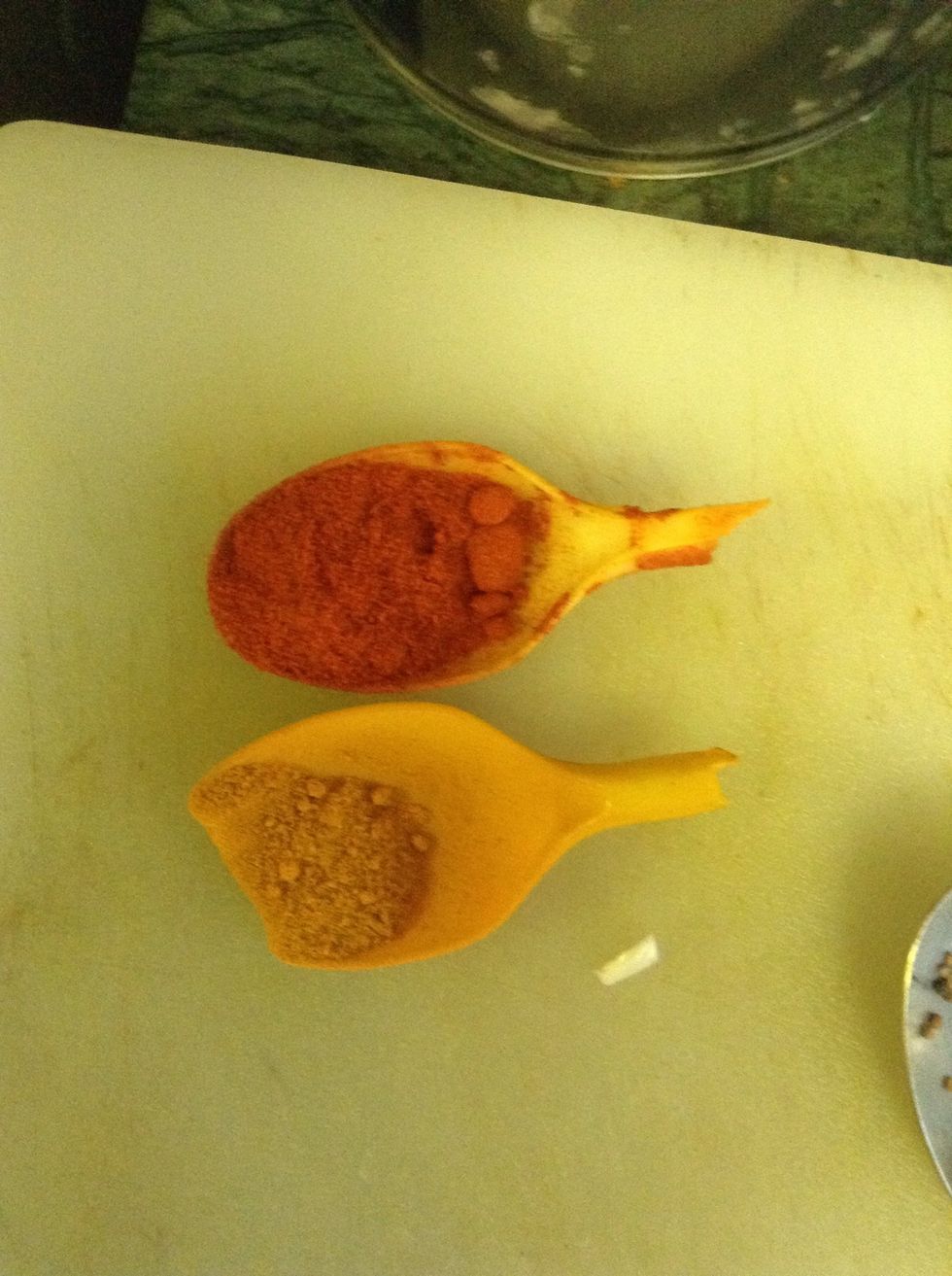 A spoon of red chili powder and turmeric powder