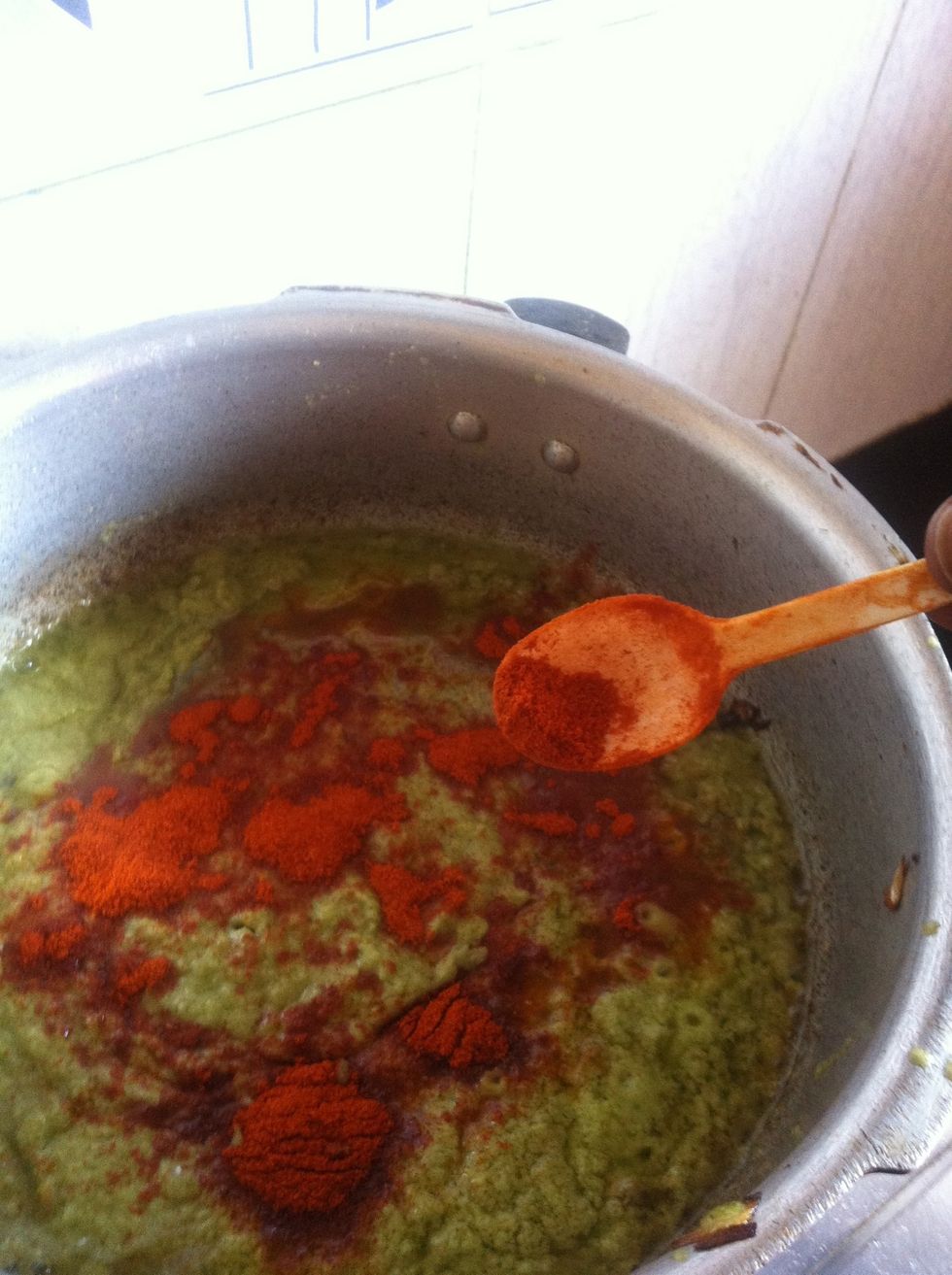 A spoonful of red chilli powder... Gonna be hot