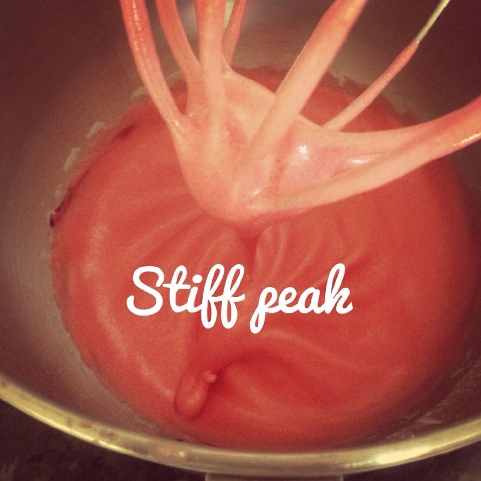 A stiff peak is where it holds its shape once pulled away or dropped in to the mixture as shown!
