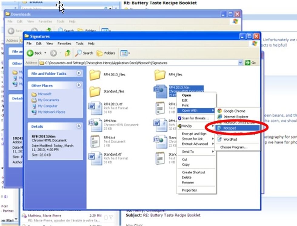 A window named 'Signatures' will open. Find the file with the name of the signature you just created and the extension '.htm'. Right click on the file and select Open with > Notepad.