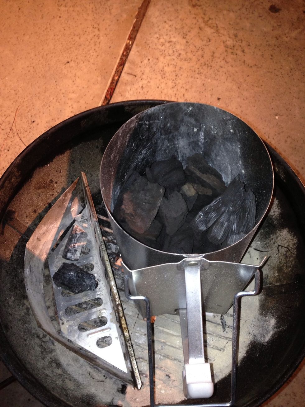 About 15 minutes before your steaks rest ends, prepare your grill. In my case it's loading up half of the chimney starter with lump charcoal.