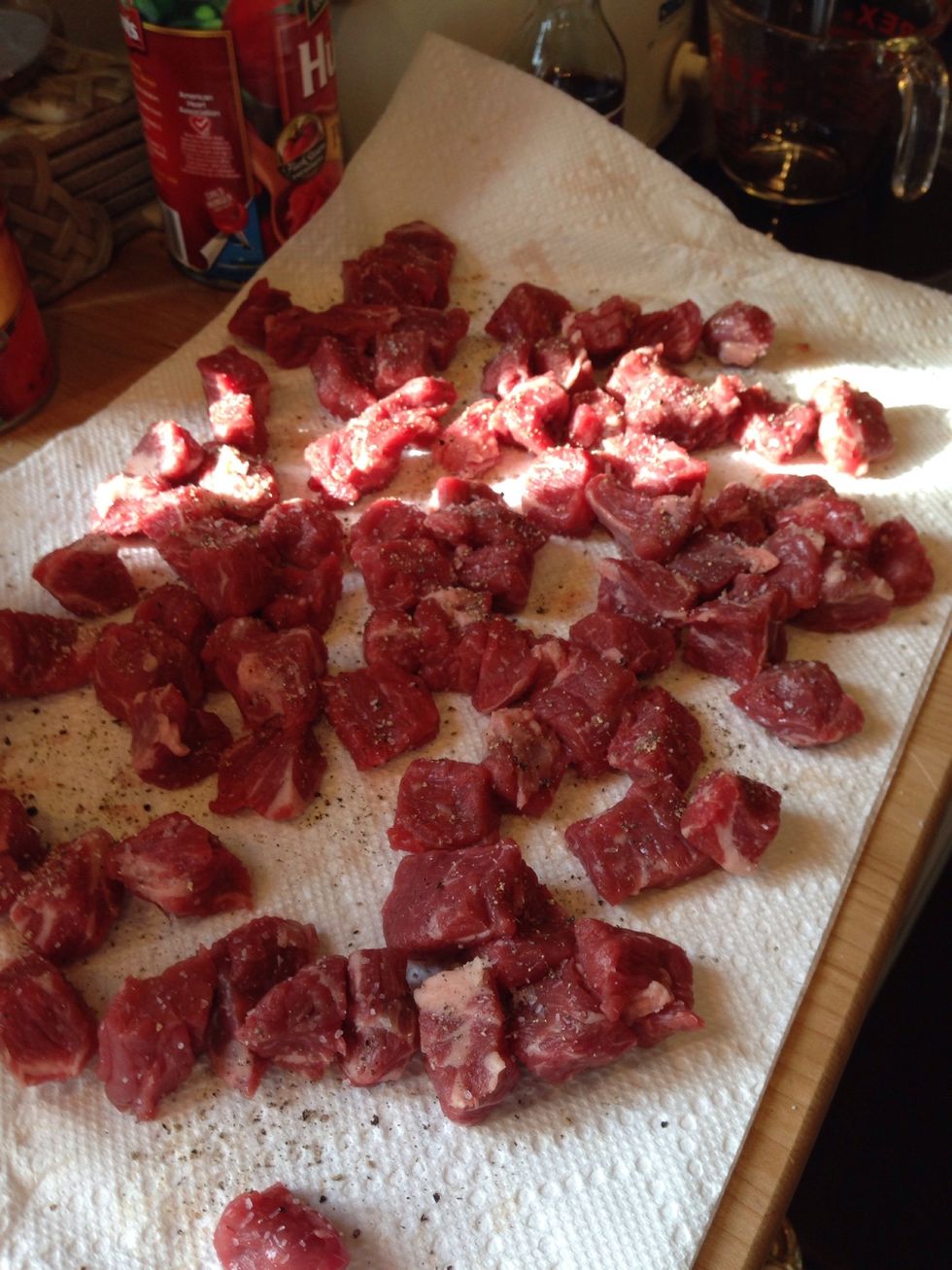 About a 1/2" to 3/4 inch cubes. Season with salt and pepper.