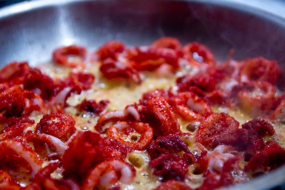 About a minute or so you'll need to flip them. They should be getting crispy before you move them in the pan too much. The more you move it the longer it takes and the rubberier it will become