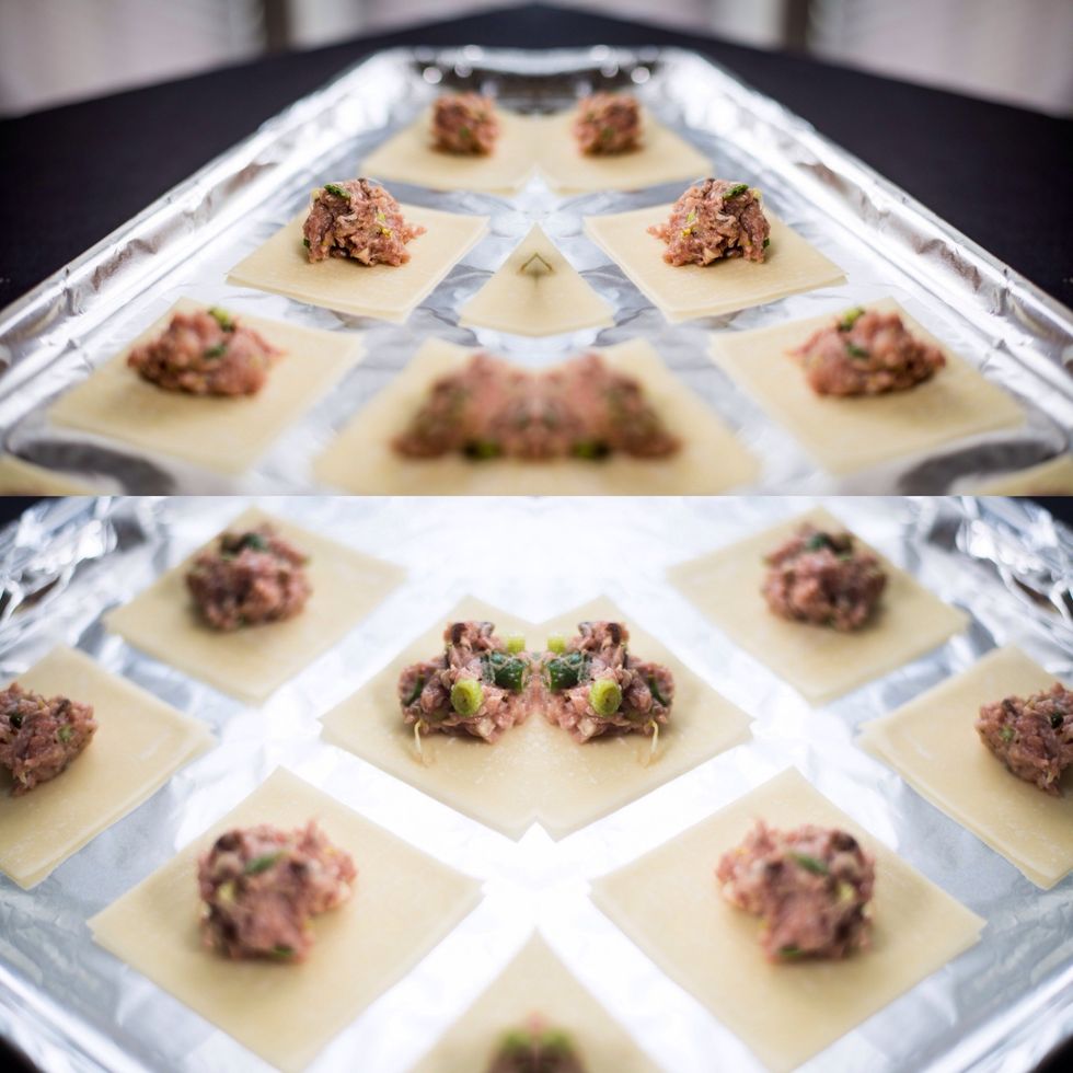 About a teaspoon in each wrap. If you can fit more, do so! Seal the ends with water. Just dip your fingers. I let them site maybe 10 min before coking to ensure a hold.