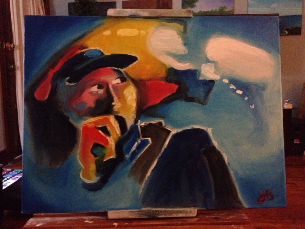 About done! Just step back and take a look to correct anything that may be sticking out at you. When satisfied, sign in the corner with some red on your pinky.