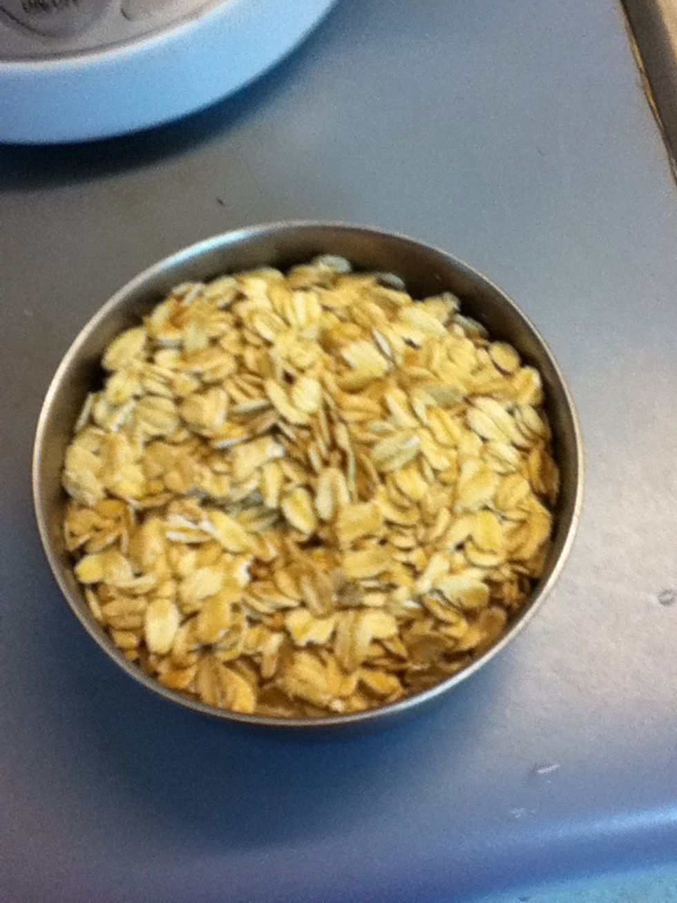 About one cup of oats-(if you use old fashioned, follow these steps-if you're using quick oats, then you skip the following steps about the oats.)