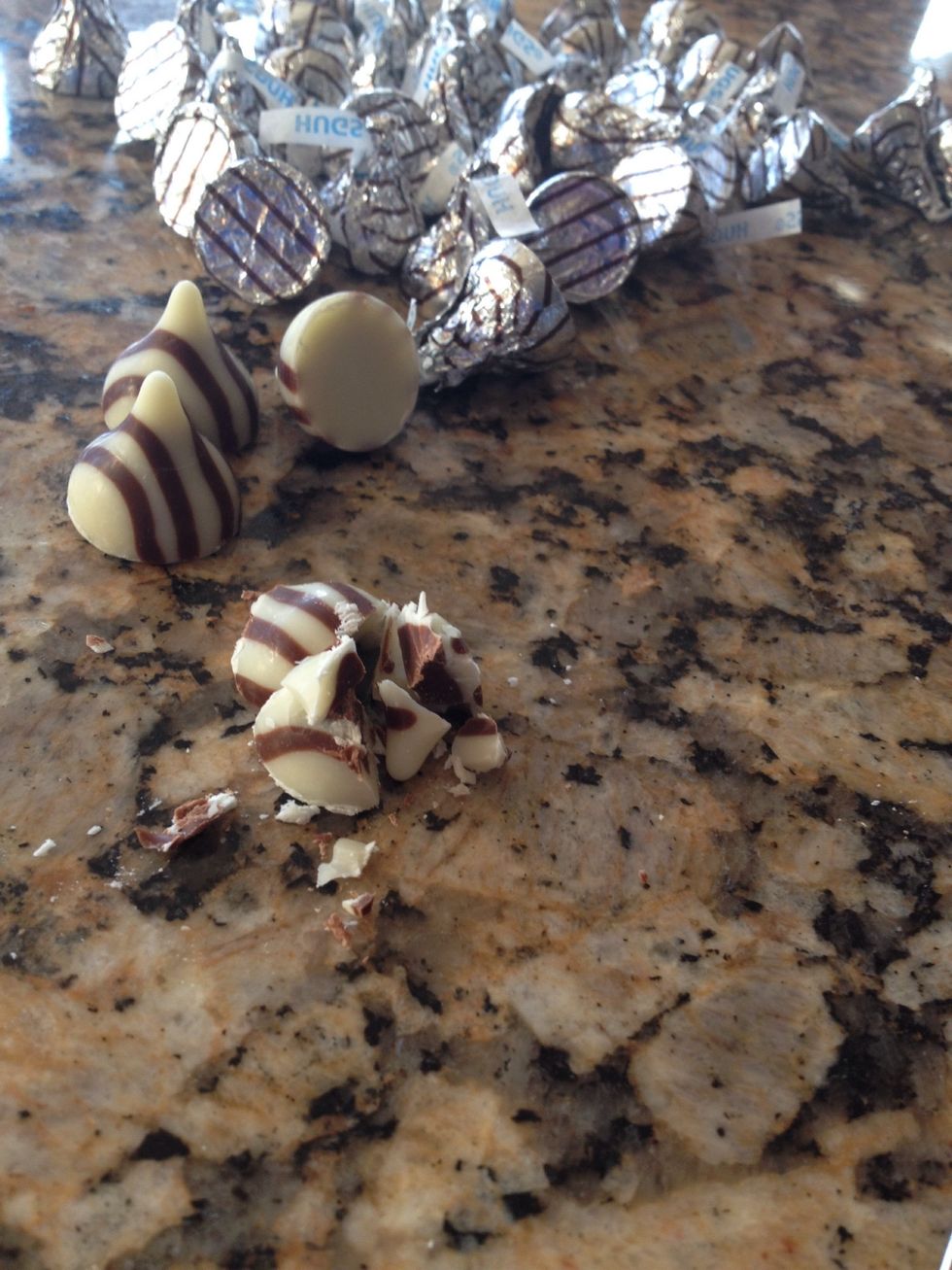 According to a study I read this morning, people have better moods when we eat something sweet to start the day. Well, DUH. This recipe, I use the hugs and kisses Hershey kiss