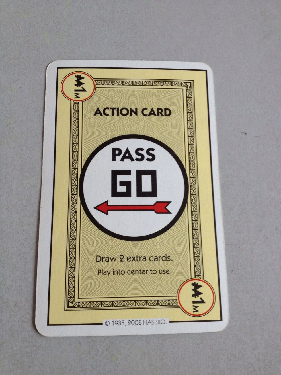 Action card: Pass Go. Collect 2 cards from the draw pile, on top of the 2 you draw at the beginning of each round.