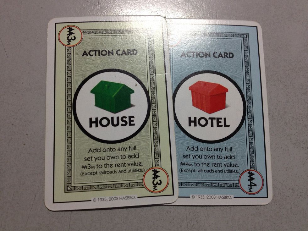 Action cards: add house or hotel to your property. You must add a house to your property, before you can add a hotel. However I find these useless so I convert them to money. Will explain why later.