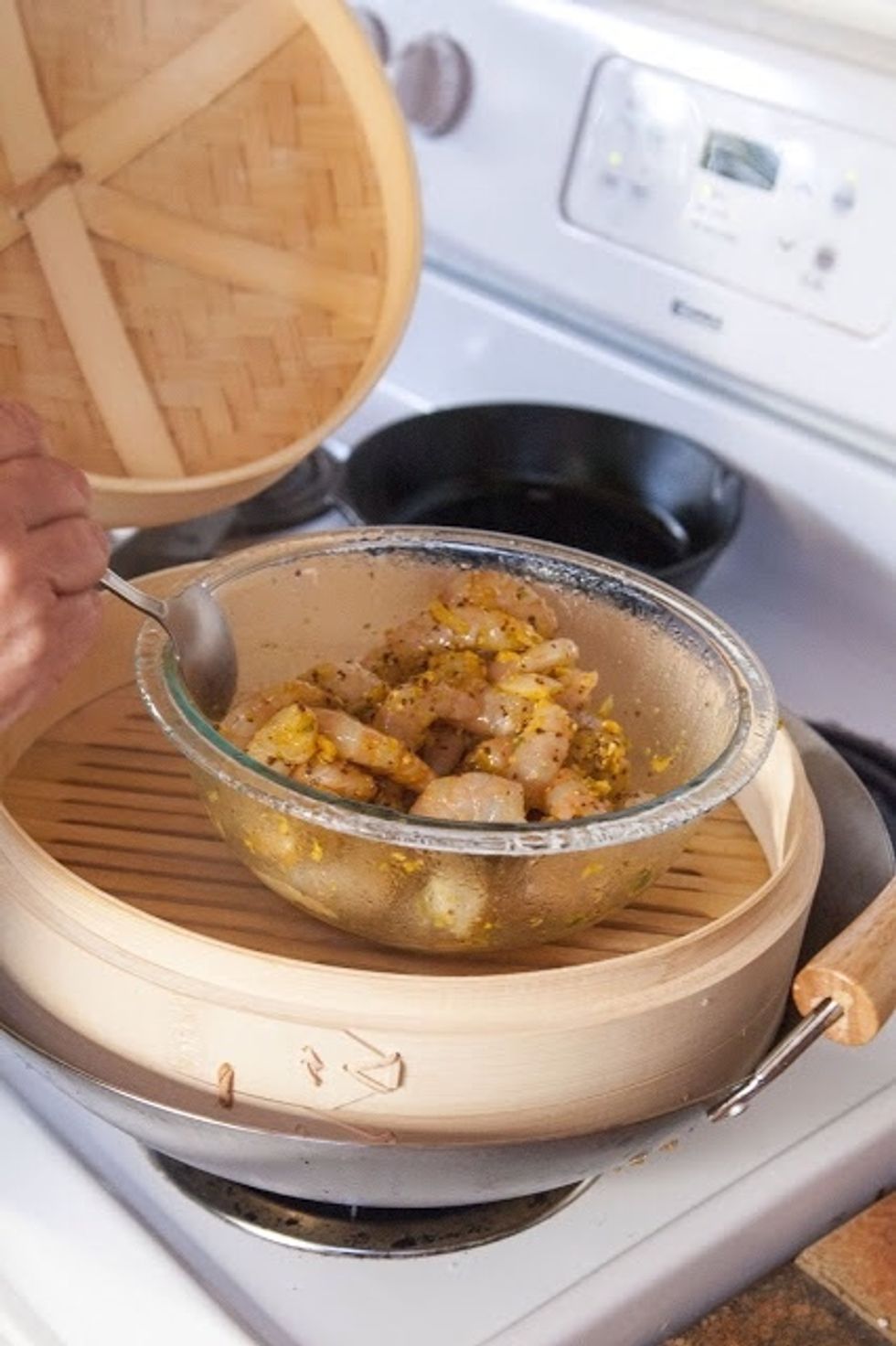 Actually it didn't work so well this way, (like it wouldn't close) so I put the shrimp mixture on a plate and put that in the steamer. It worked perfectly.