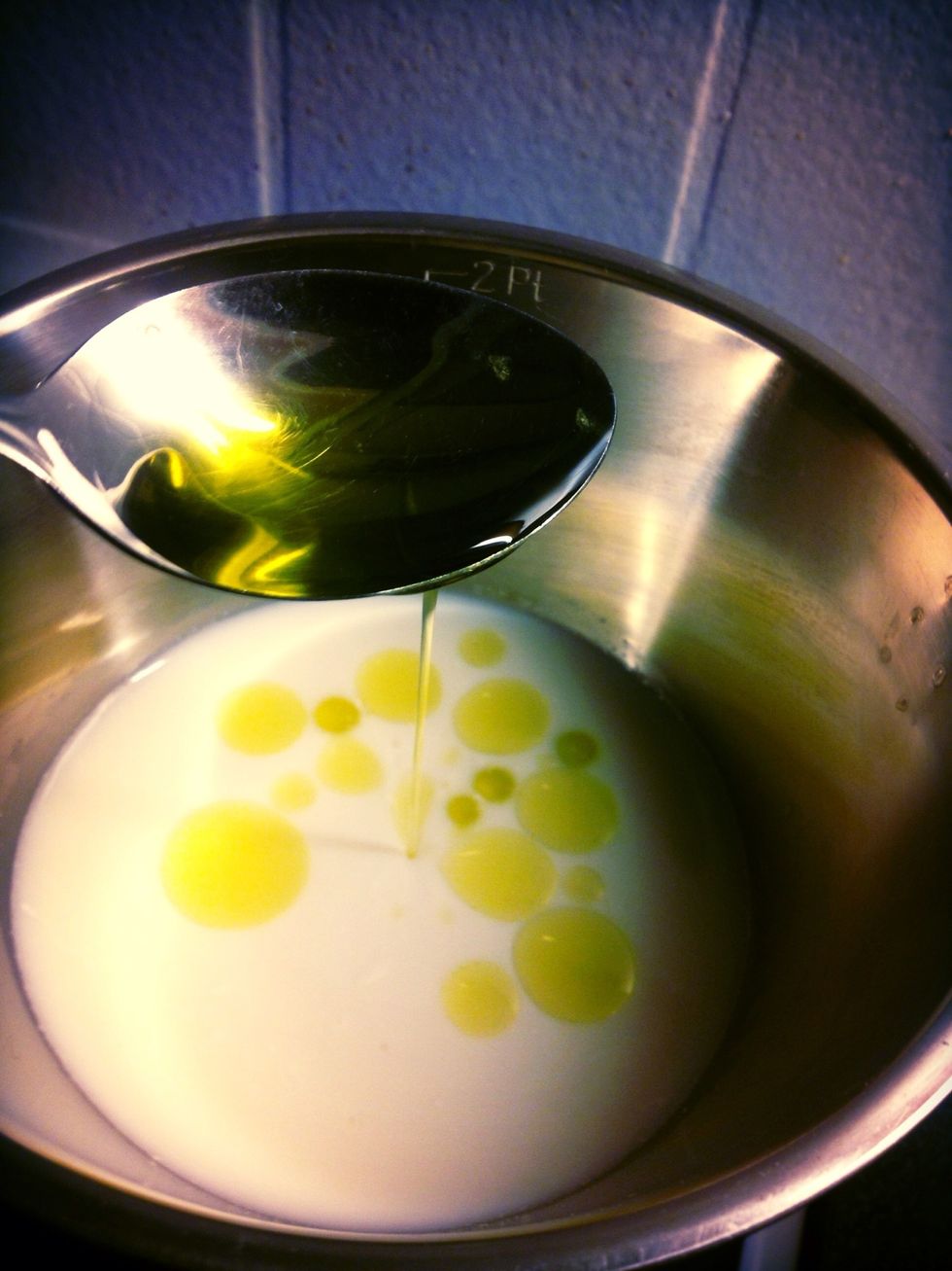Ad your olive oil to the milk.