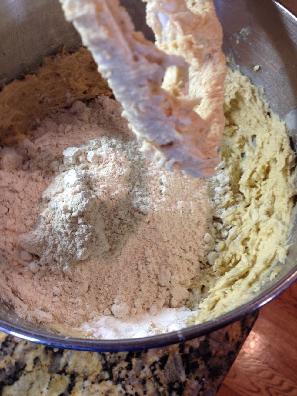 Add 1 1/2 c each: bread flour and pastry flour. DO NOT substitute  (The pastry flour is usually in the organic section of your grocer)  Also 1 tsp each: bak soda and bak powder and 1/2 TB of salt