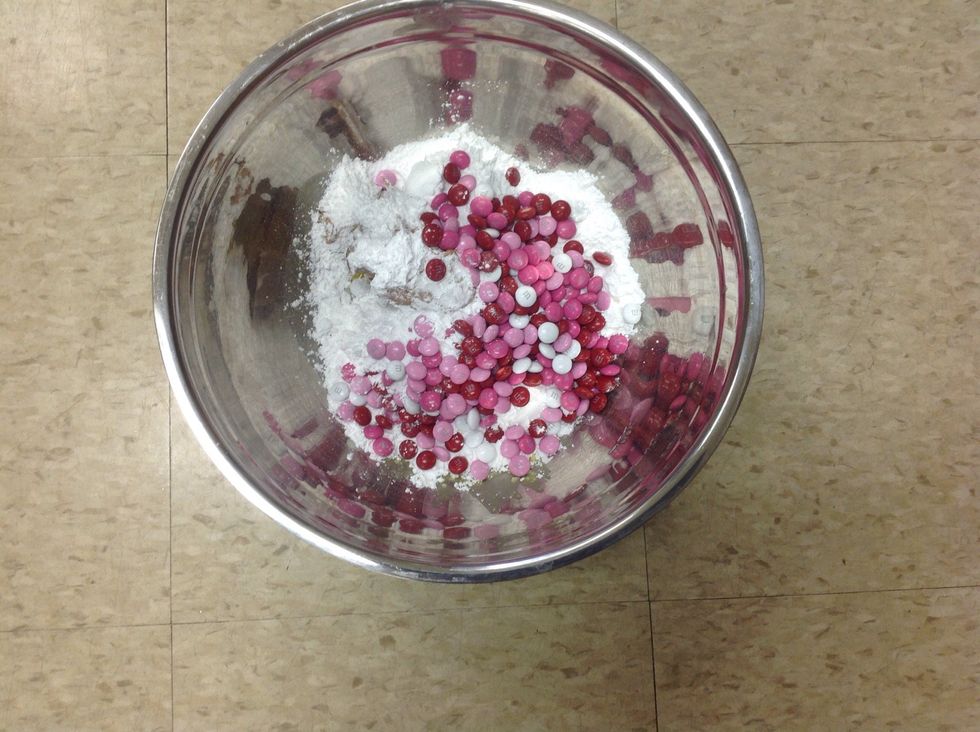 Add 1 1/2 cups of M&M's in the same bowl.