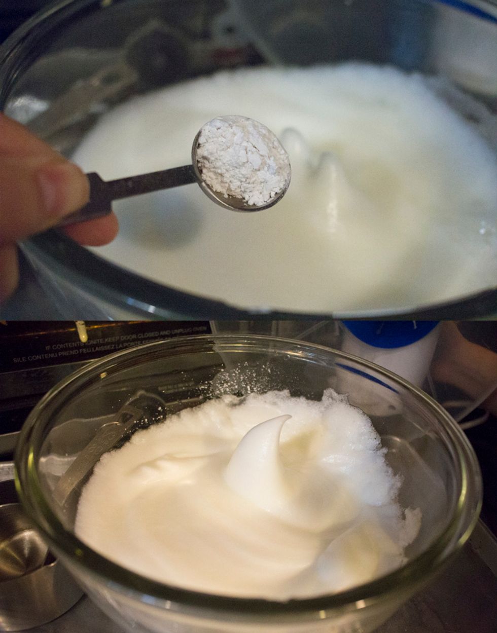 Add 1/2 a tsp of cream of tartar to the egg yolks and beat until soft peaks form.