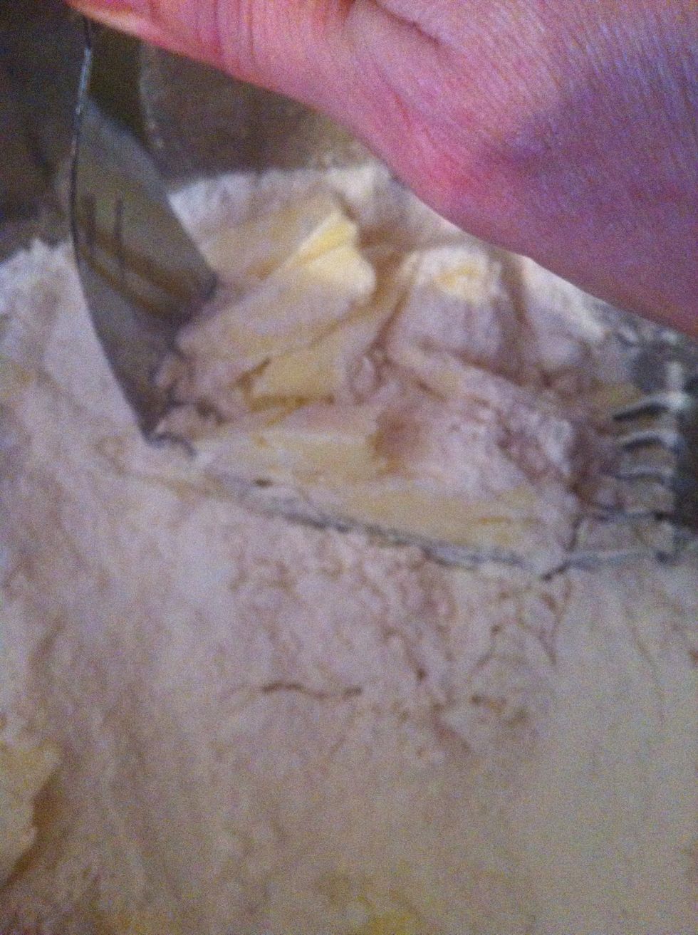 Add 1/2 c butter and cut into flour mixture.