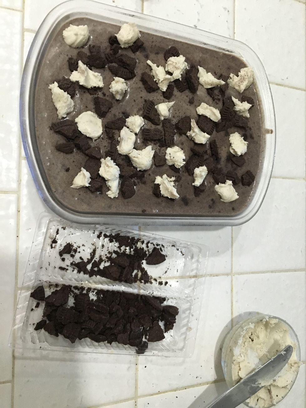 Add 1/2 cookie crumbs and blobs of the cookie filling