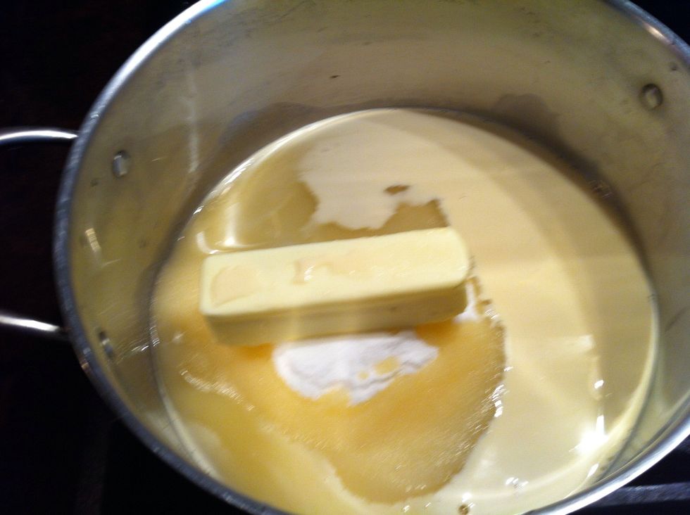 Add 1/2 cup butter, and 2/3 cup evaporated milk.