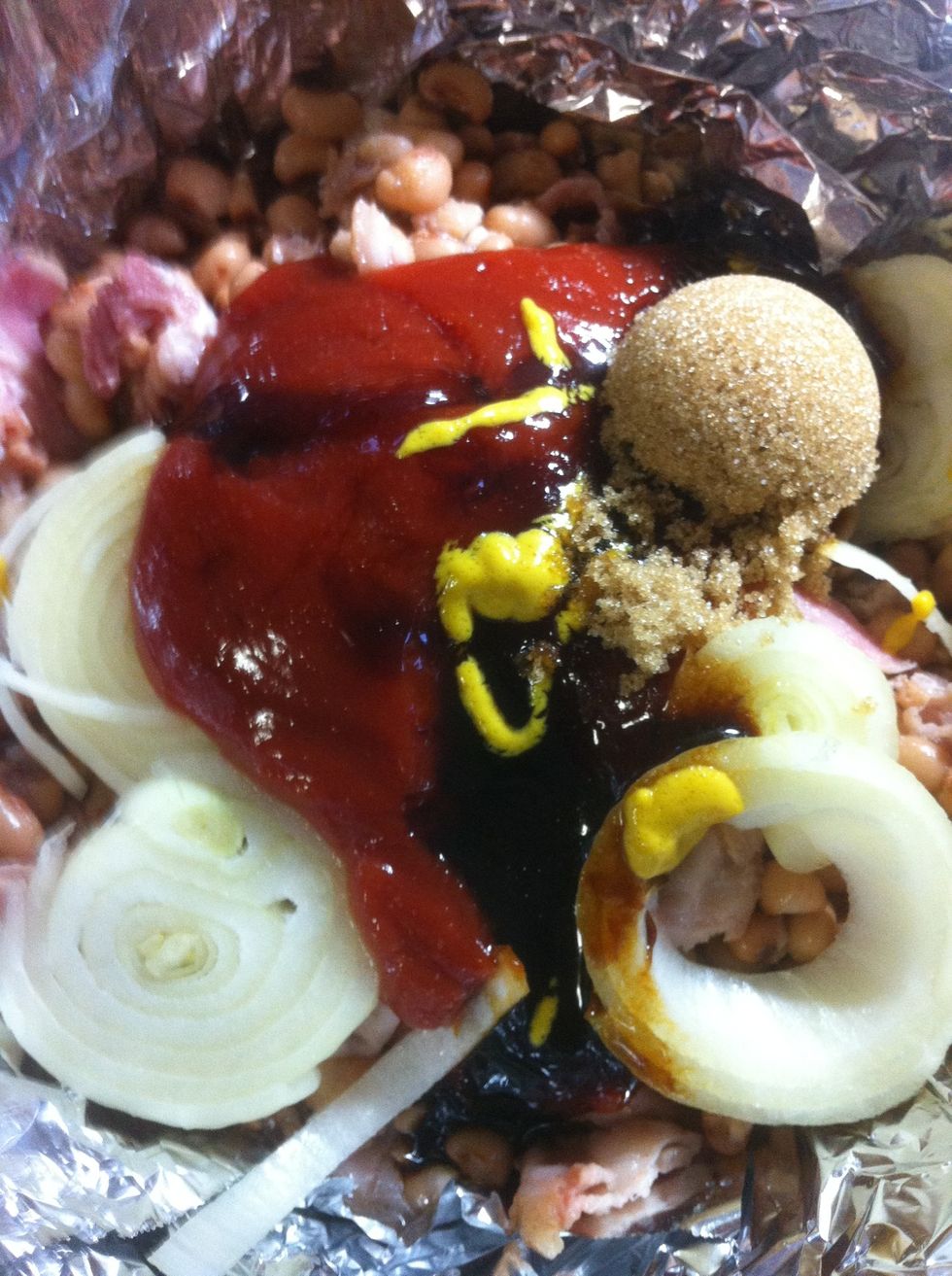 Add 1/2 cup ketchup, 1 tbsp brown sugar, 1/3 cup molasses, tsp prepared mustard, 2 tsp vinegar, sprinkle of salt and pepper.