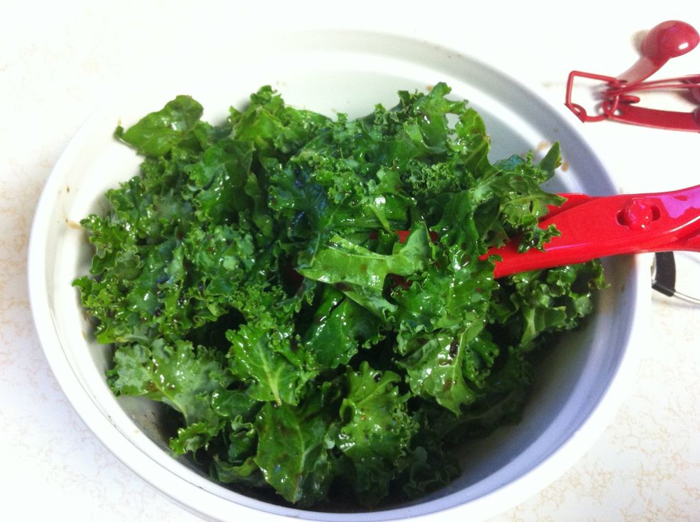 Add 1/2 cup Newman's Own Balsamic Vinaigrette Dressing. Toss until kale is totally coated.