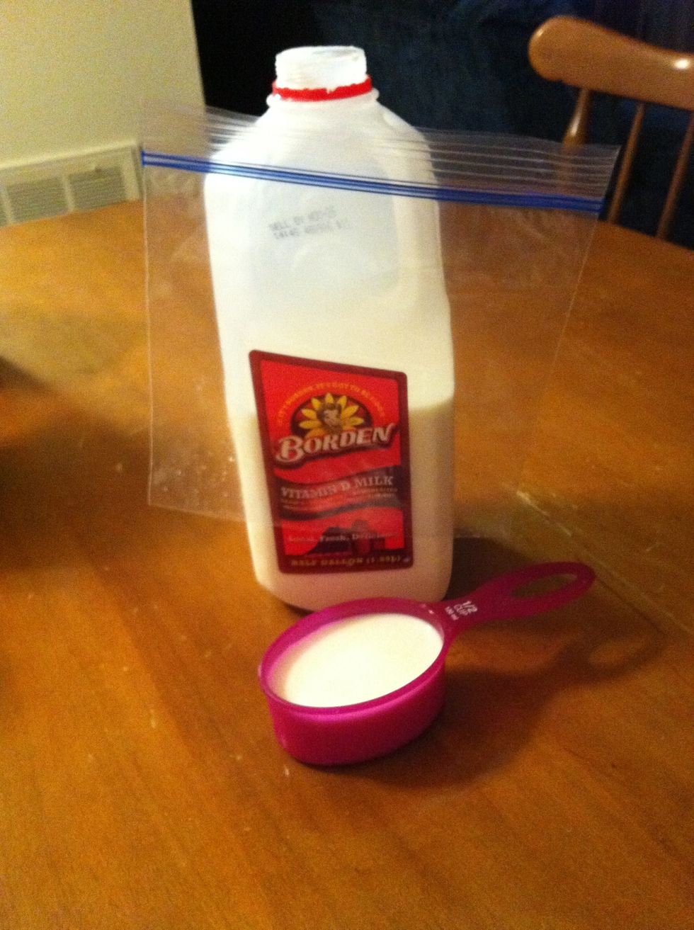 Add 1/2 cup of milk to quart size Zip-loc bag.