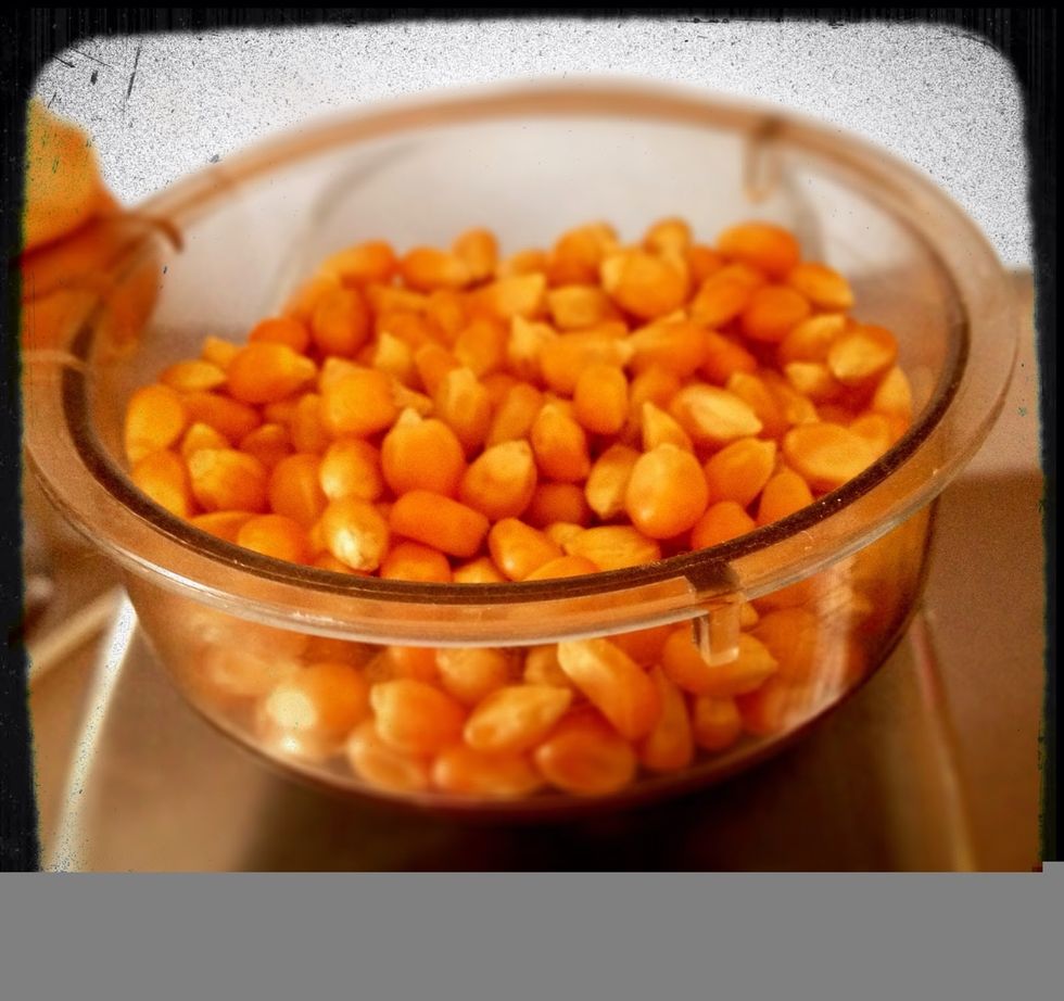 Add 1/2 cup popcorn kernels to the heated up air popper.