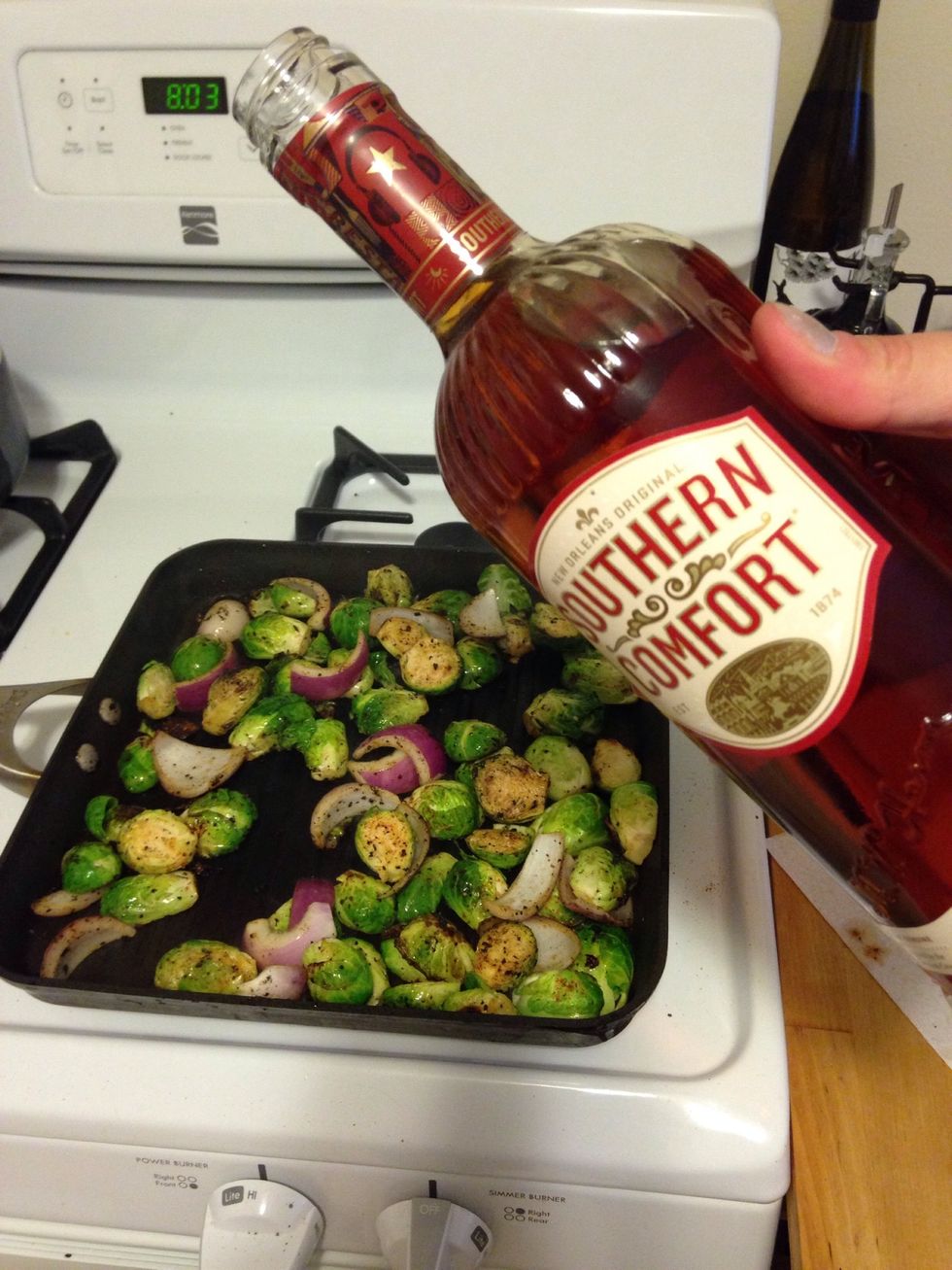 Add 1/2 oz of southern comfort. You can also add chicken broth, white wine, or other alcohol. This really just helps caramelize the sprouts.