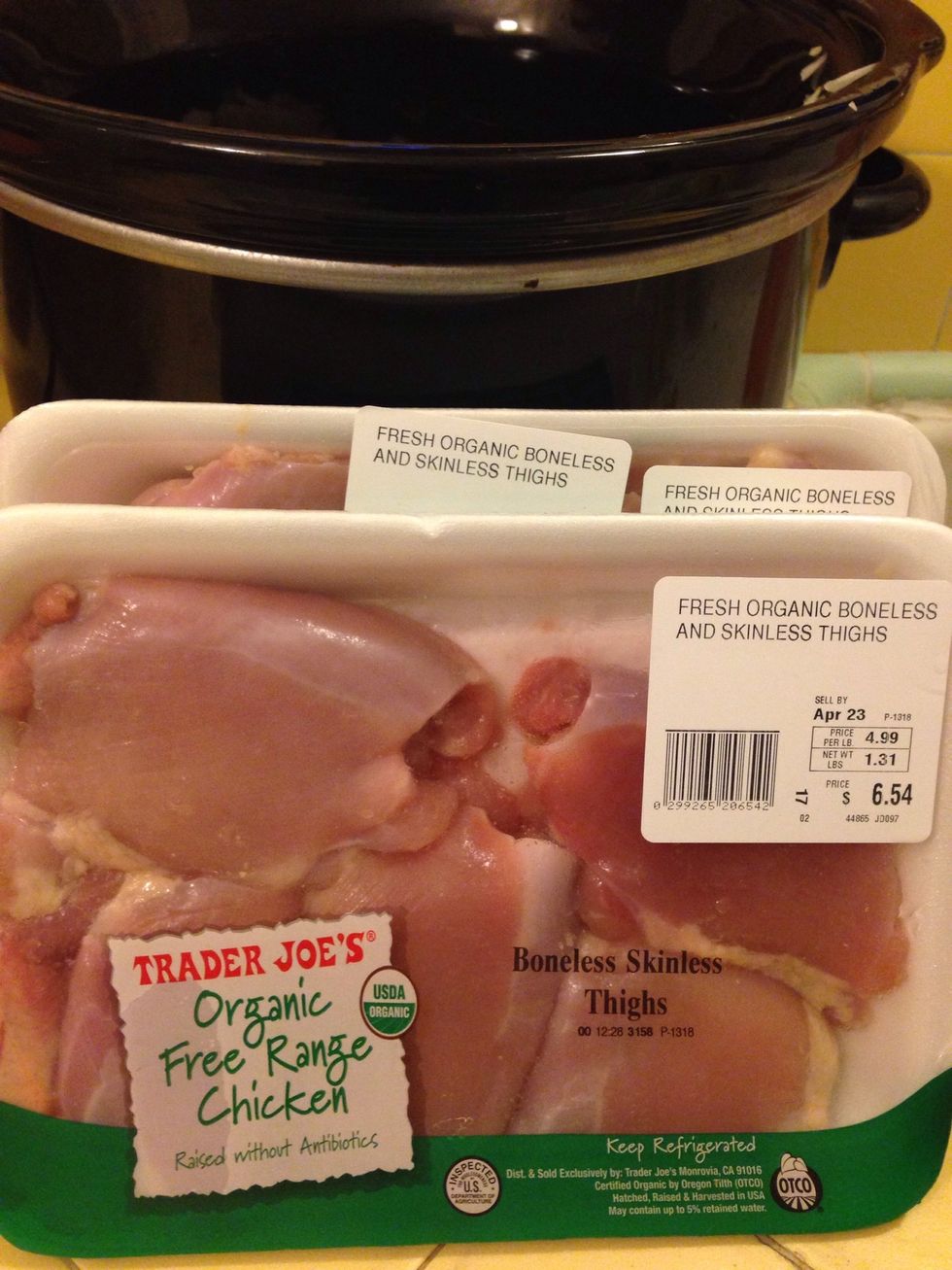 Add 1-2 packages of chicken. I like to use organic, boneless, skinless thighs.