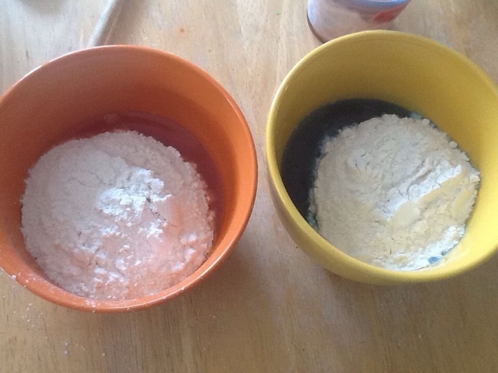 Add 1/2 teaspoon of canola oil or vegetable oil into each bowl, then add 1 cup of the salt and flour mixture into that aswell, mix well!