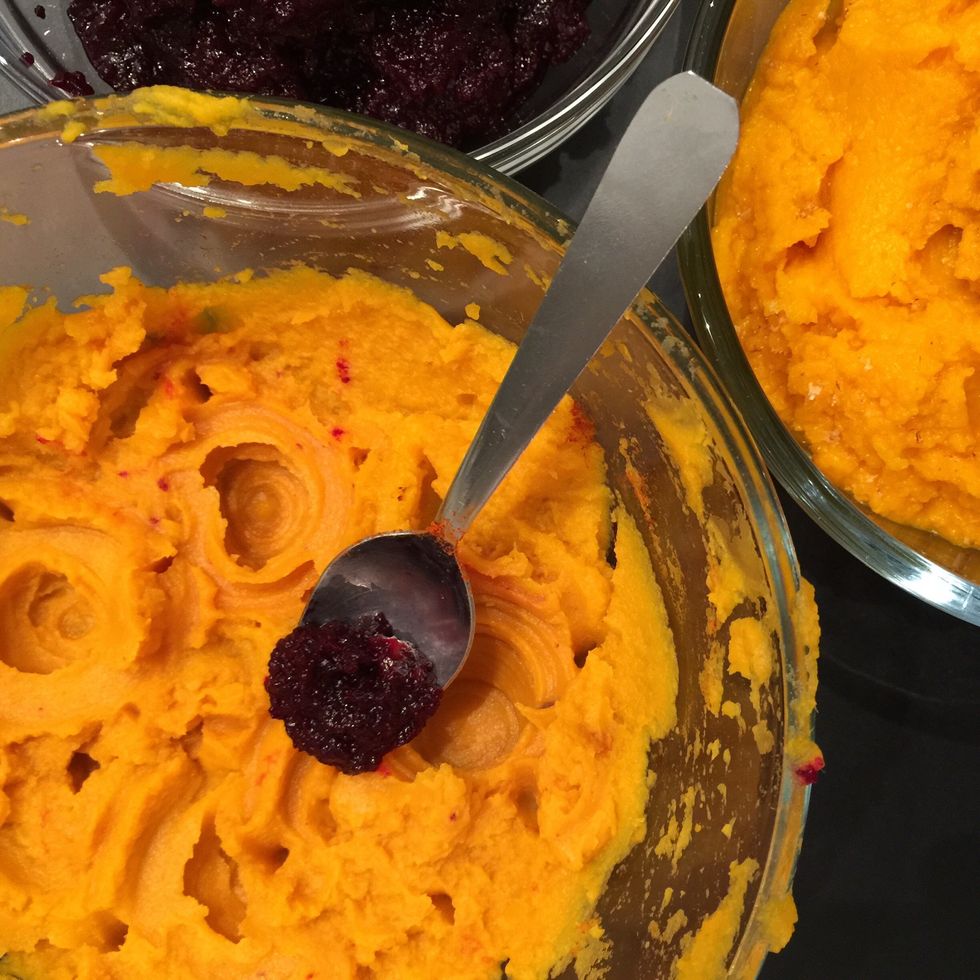 Add 1/2 tsp of beetroot over the sweet potatoes. Mix it will change slightly the color but not the taste