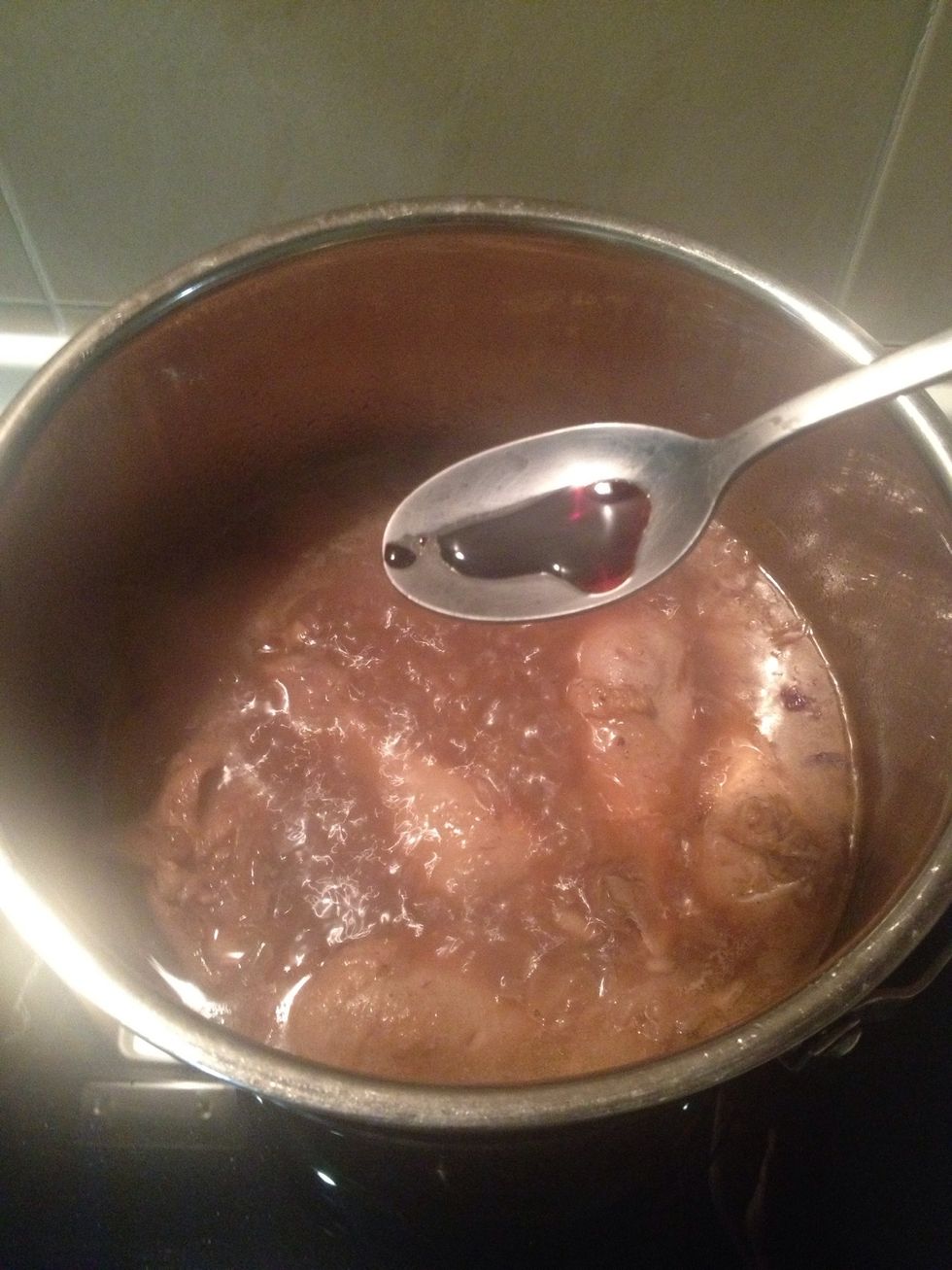 Add 1/2 tsp of dark soy sauce to caramelized it. Not too much else will be very dark.