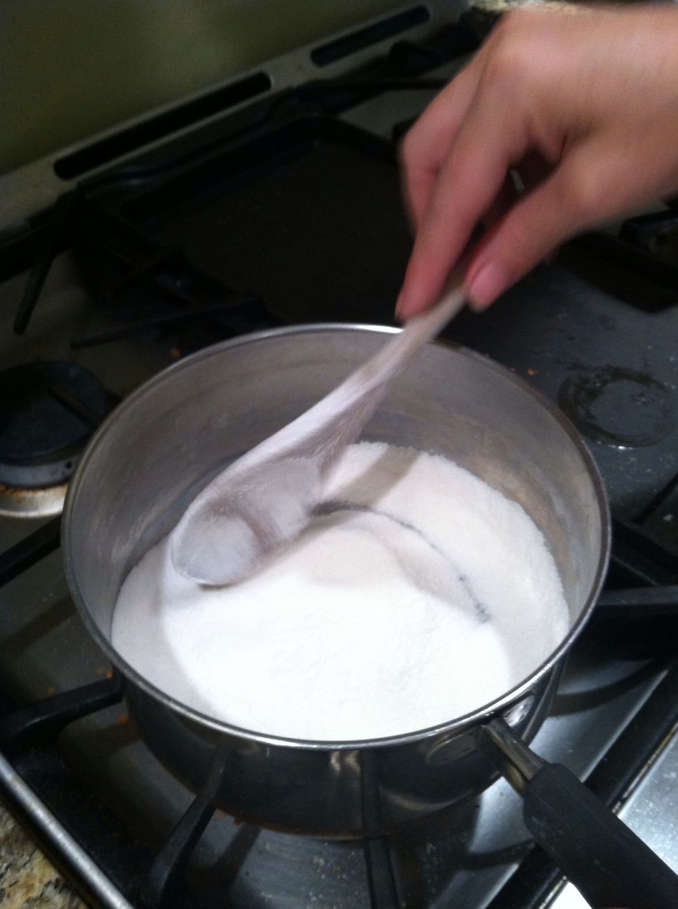 Add 1/3 cup of flour and 2/3 cup of sugar and mix