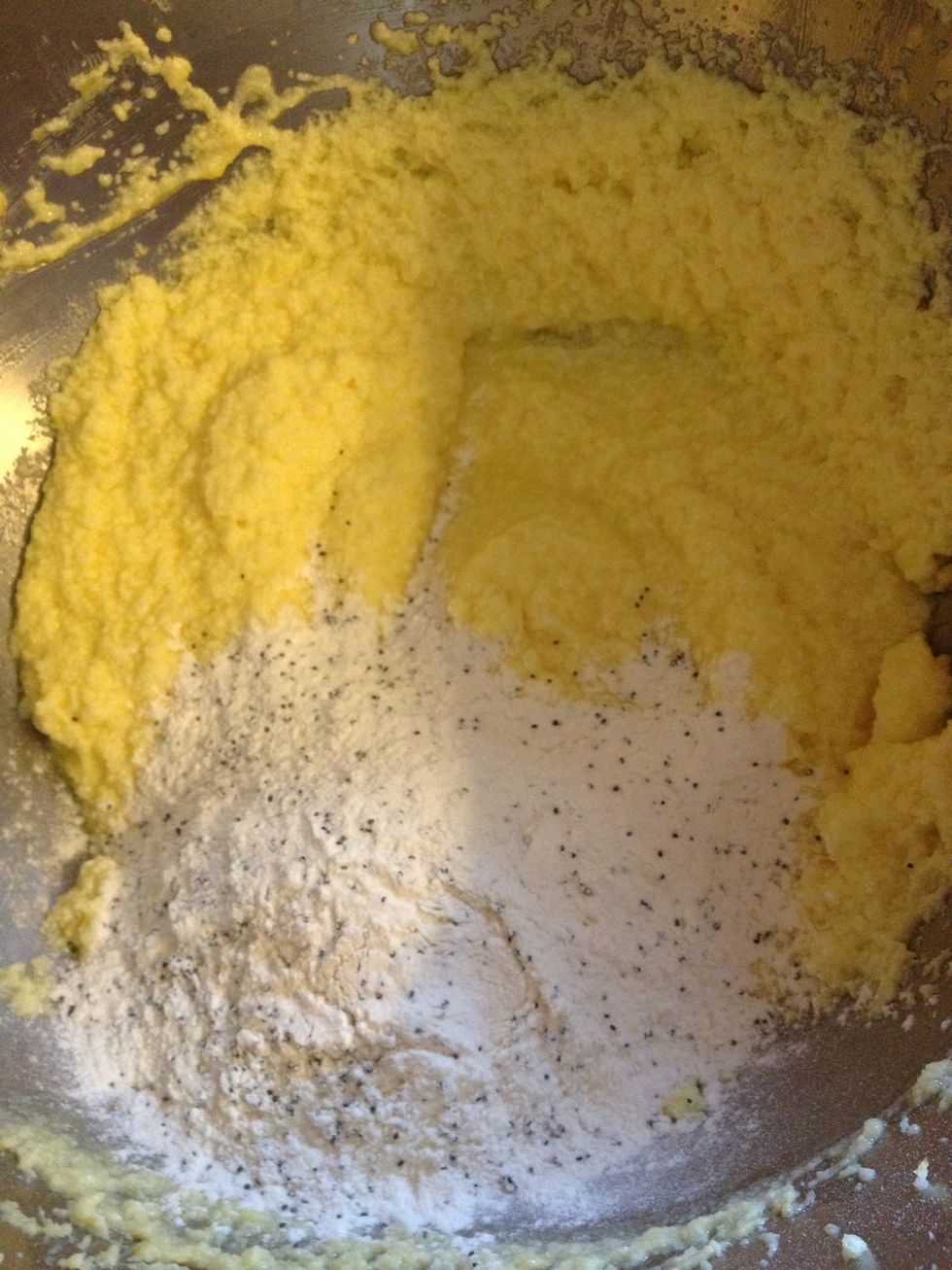 Add 1/3 of flour mixture to sugar mixture & beat well.