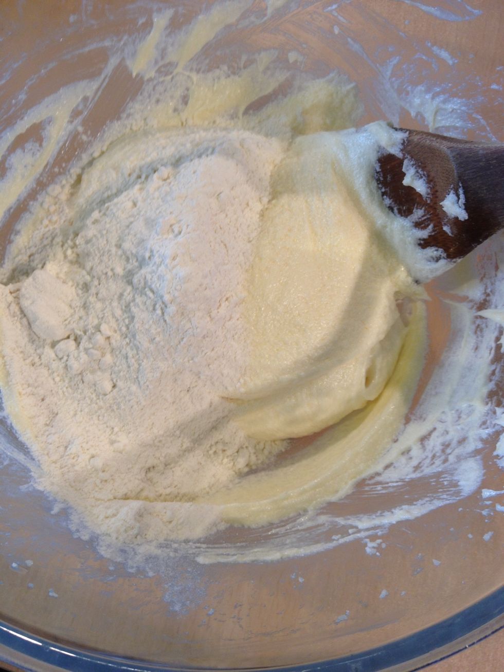 Add 1/3 of the flour mix to the butter/sugar.