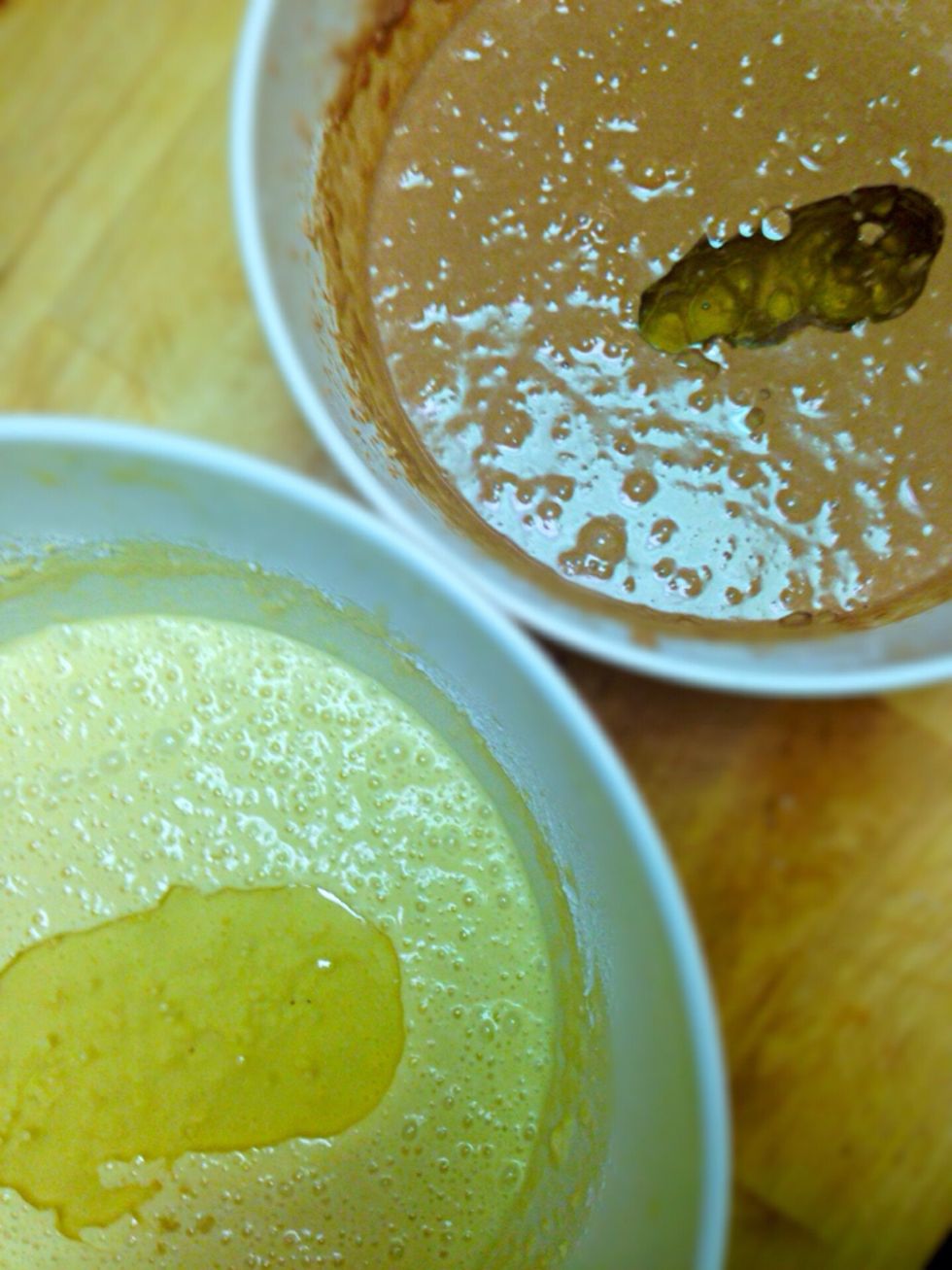 Add 1/4 cup canola oil in each mixture. The pancakes don't stick to the pan this way. Beat again