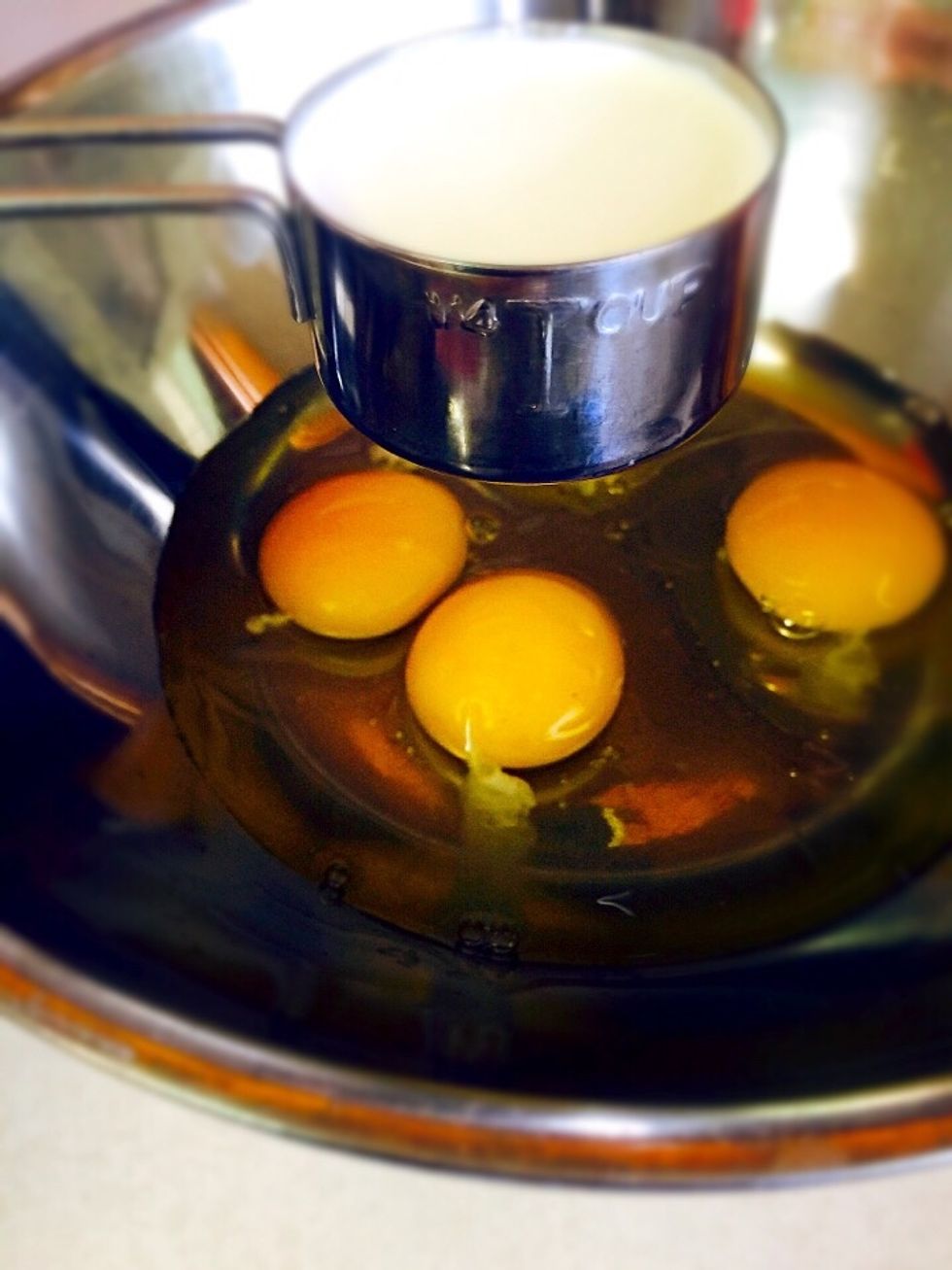 Add 1/4 cup of cream into 4 eggs. For lighter version use milk