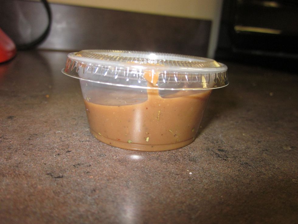Add 1/4 cup of vinaigrette to a 1.5 oz plastic cup. Each meal gets 2 tiny cups.
